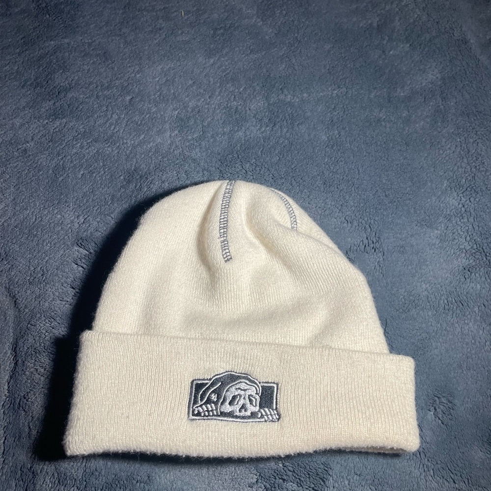 White Knit Winter Hat with Folded Cuff and Logo Patch
